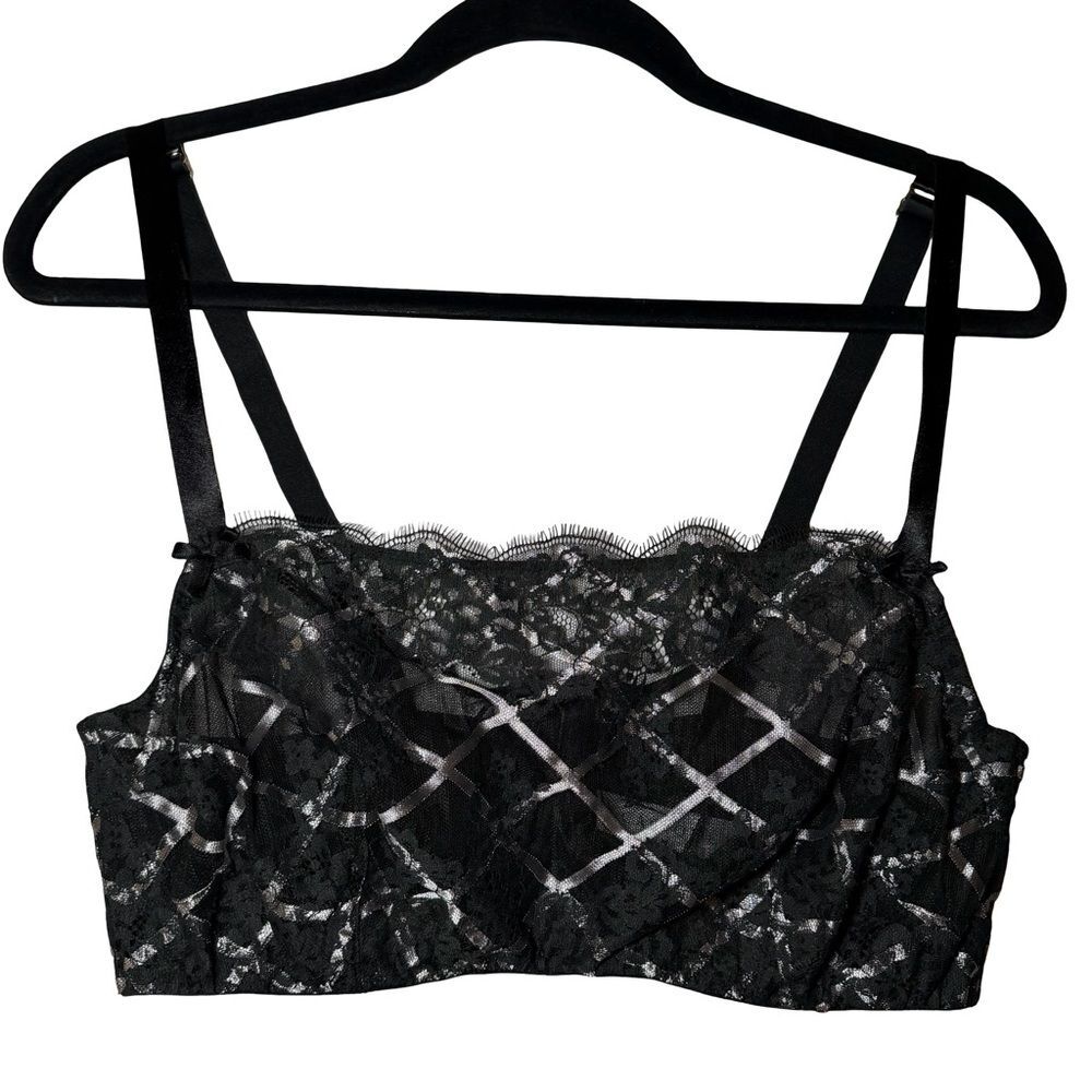 Cacique Unlined Balconette Underwire Bra Black Lace Metallic Silver Sz 40D